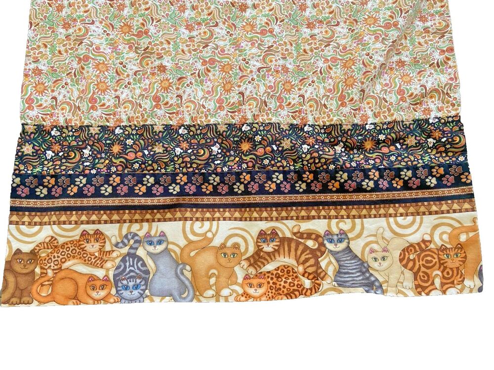 Handmade Pillowcase Floral Kitty Cat Border Red & Orange19"x28" Cottage Cute